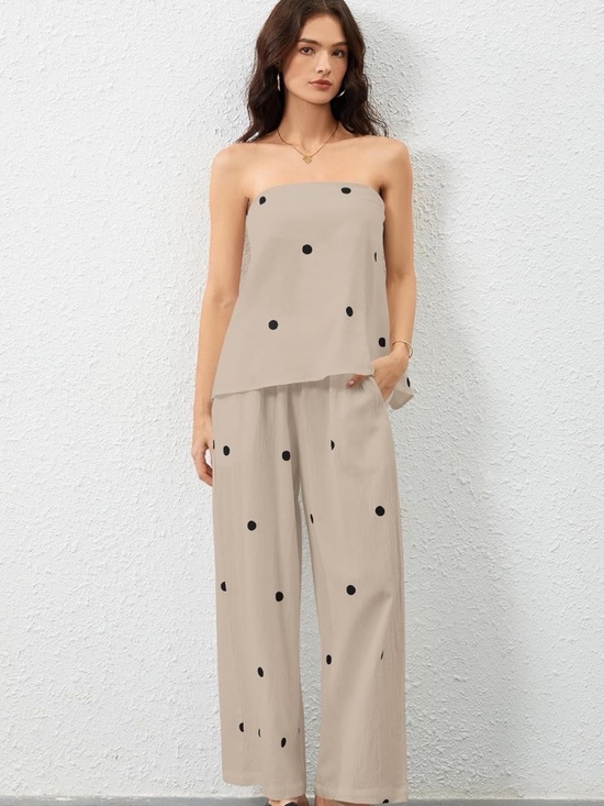 Pants - SET Strapless Tunic Tank Top Polka Dot Wide-Leg Pants - Beige